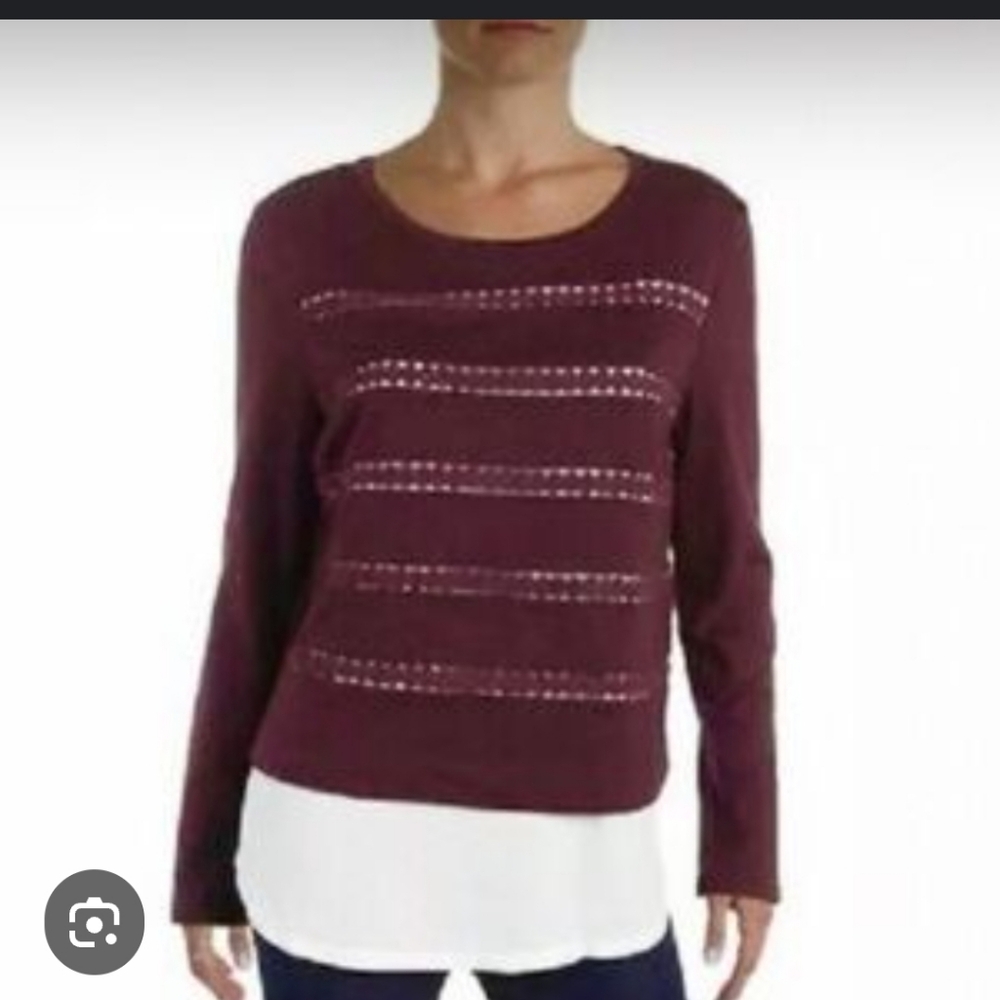 Maison Jules Burgundy Pullover Sweater with White Hem Size M